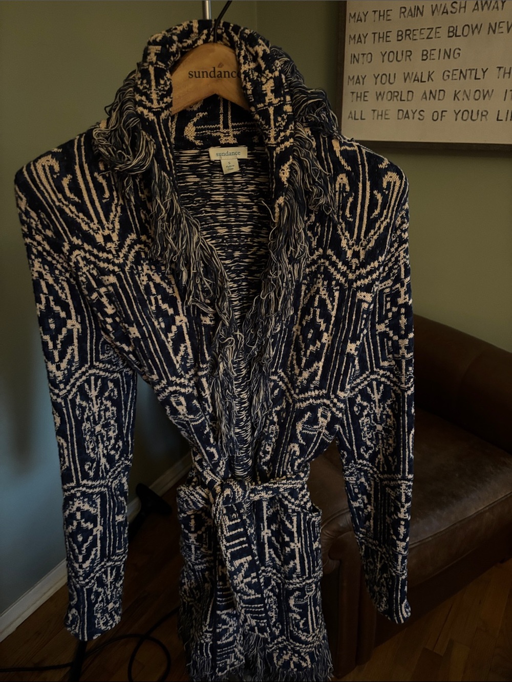 Sundance Navy and Cream Fringe Belted Knit Cardigan